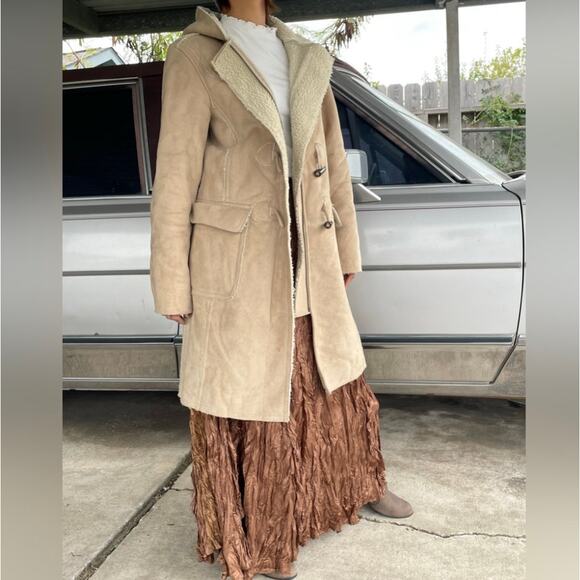 🔥GAP Faux Suede Shearling Mid Length Hooded Coat Jacket Toggle Button Size S - Picture 4 of 15